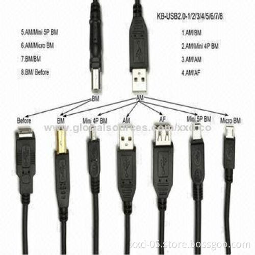 USB2.0 Data Transfer and Charging USB Cable for Cellphones, AM Micro 5-pin, 480Mbps